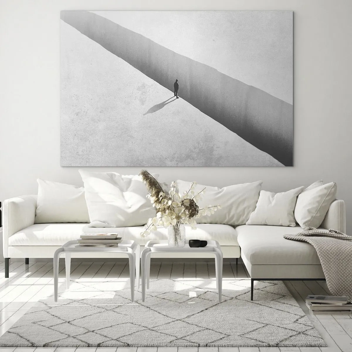 Obraz na skle - Minimalistická silueta nad propastí v prosvětleném prostoru - 70x50cm - Jasný cíl - Moderní nástěnná dekorace do obývacího pokoje a ložnice ARTTOR