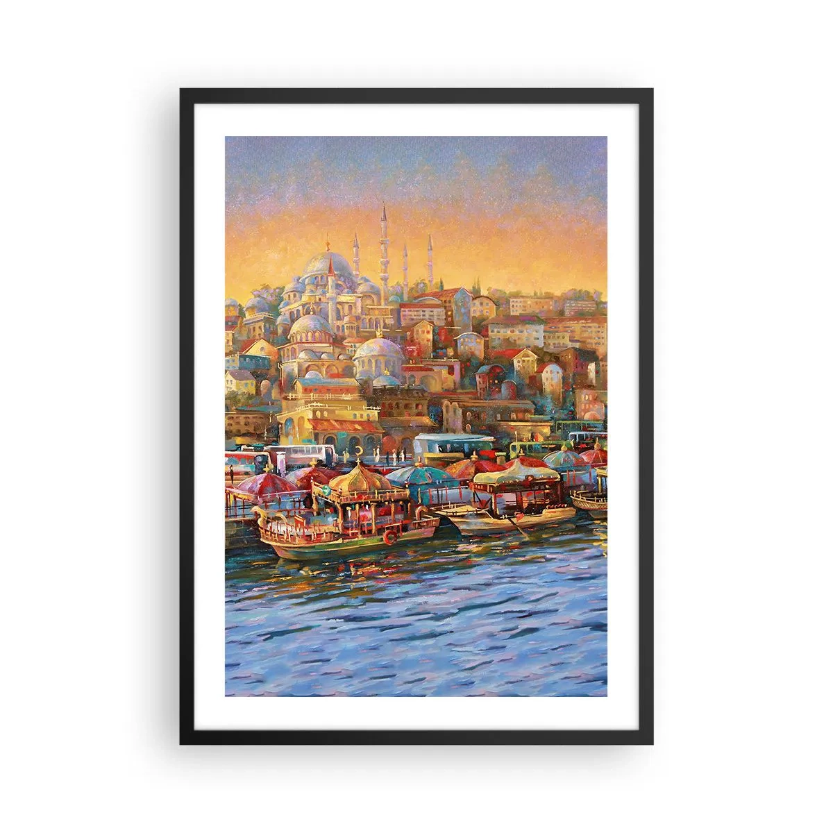 Plakát v černém rámu - Barevná městská krajina s mešitami u vody - 50x70cm - Istanbulský příběh - Moderní nástěnná dekorace do obývacího pokoje a ložnice ARTTOR