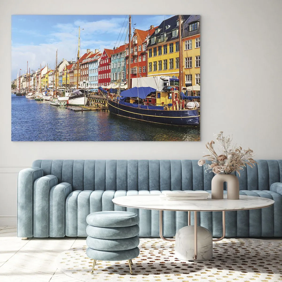 Obraz na skle - Barevné domy na kanálech v Kodani - 70x50cm - Radostné nábřeží - Moderní nástěnná dekorace do obývacího pokoje a ložnice ARTTOR