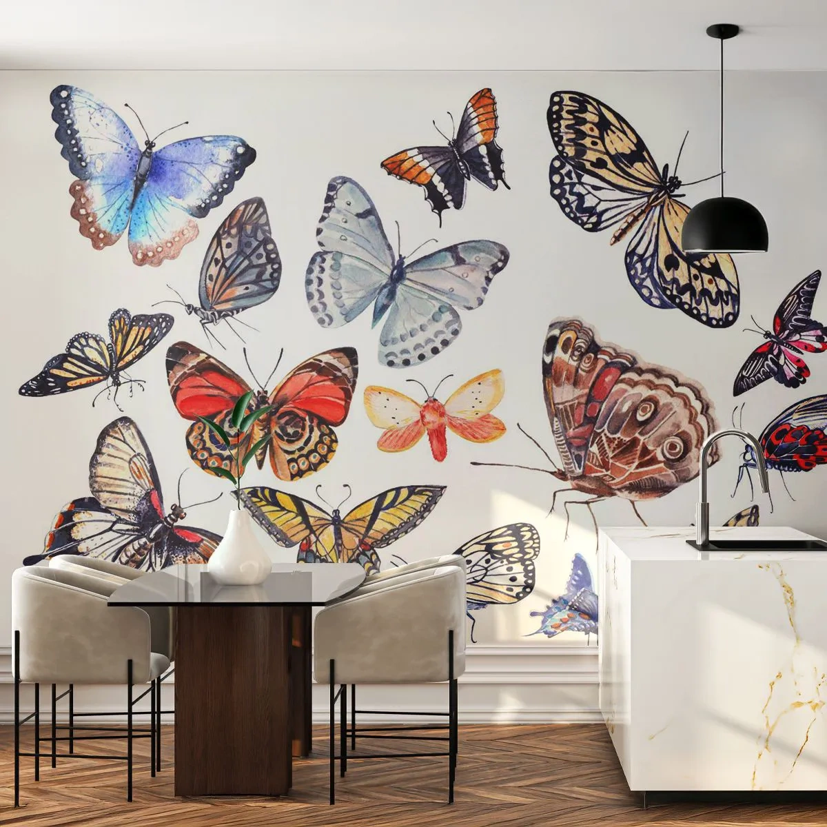 Fototapeta Standard Eco - Barevné motýly na bílém pozadí, jemná ilustrace - 100x70cm - Krajkový, barevný roj - Moderní nástěnná dekorace do obývacího pokoje a ložnice ARTTOR