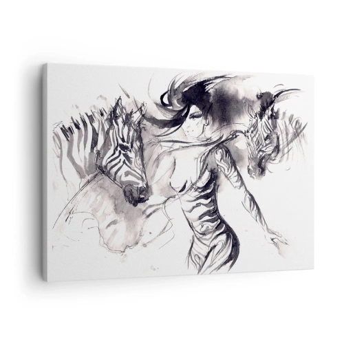 Obraz na plátně - Žena v dynamickém tanci se zebrami v černobílé estetice - 70x50cm - Tančící se zebrami - Moderní nástěnná dekorace do obývacího pokoje a ložnice ARTTOR