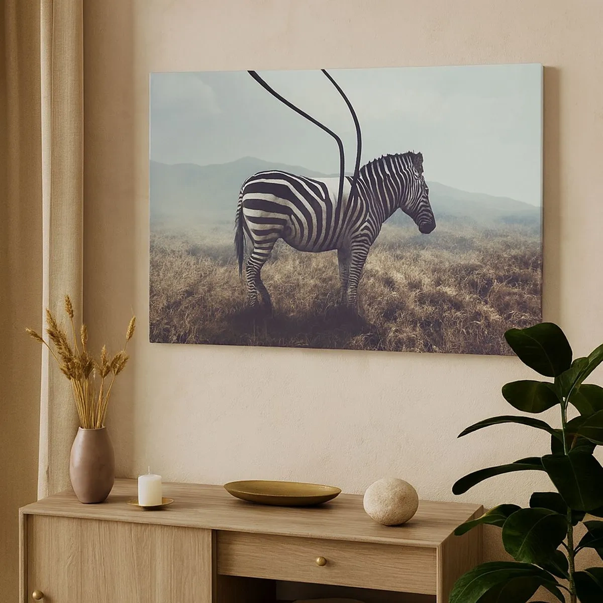 Obraz na plátně - Surrealistická zebra proti travnaté krajině - 70x50cm - Pozor! Porucha - Moderní nástěnná dekorace do obývacího pokoje a ložnice ARTTOR