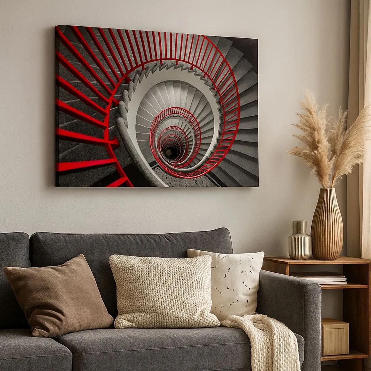 Obraz na plátně - Točité schodiště s červeným zábradlím v dynamické perspektivě - 70x50cm - Architektonické hry - Moderní nástěnná dekorace do obývacího pokoje a ložnice ARTTOR