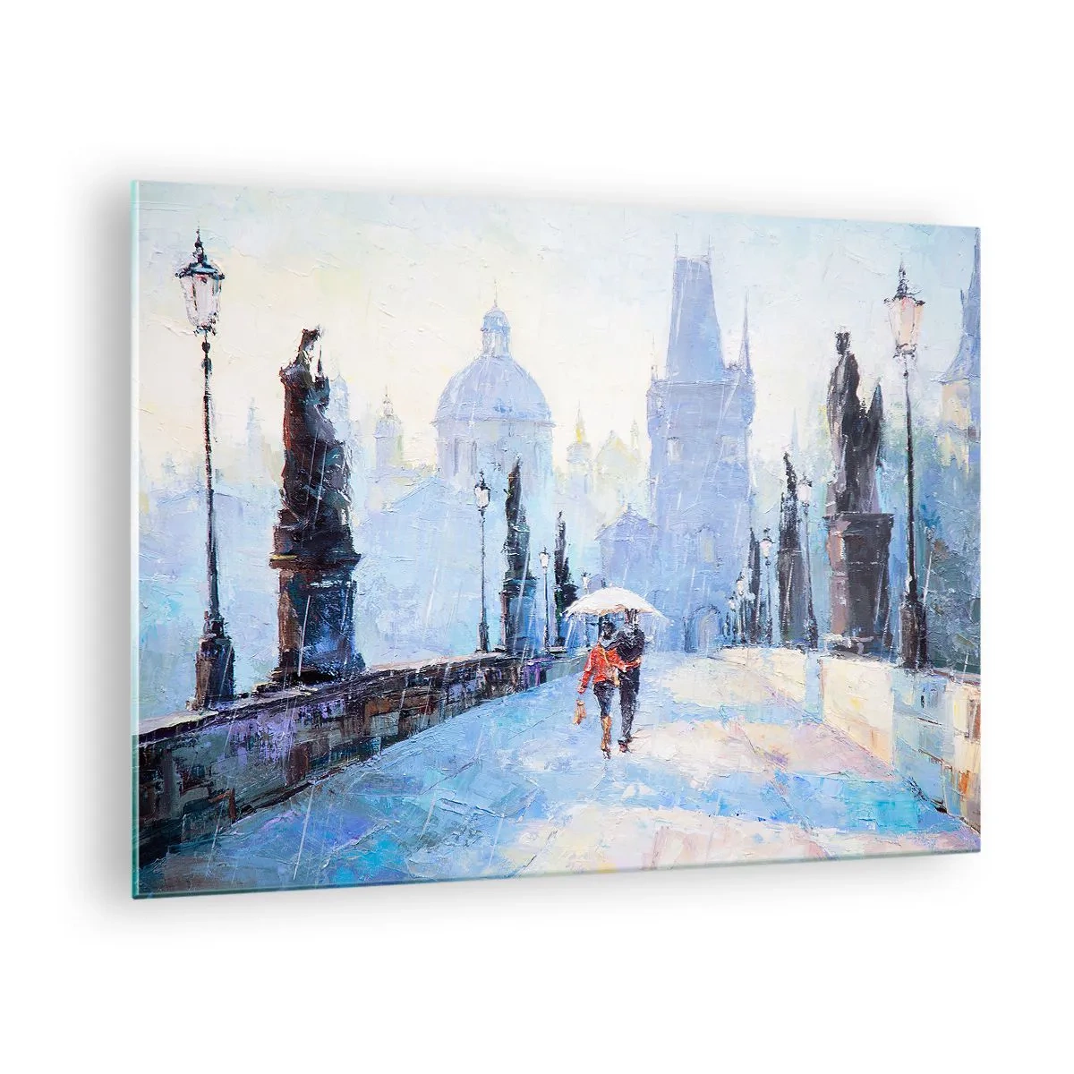Obraz na skle - Procházka s deštníkem po historickém mostě v deštivý den - 70x50cm - Nás musel okouzlit déšť - Moderní nástěnná dekorace do obývacího pokoje a ložnice ARTTOR
