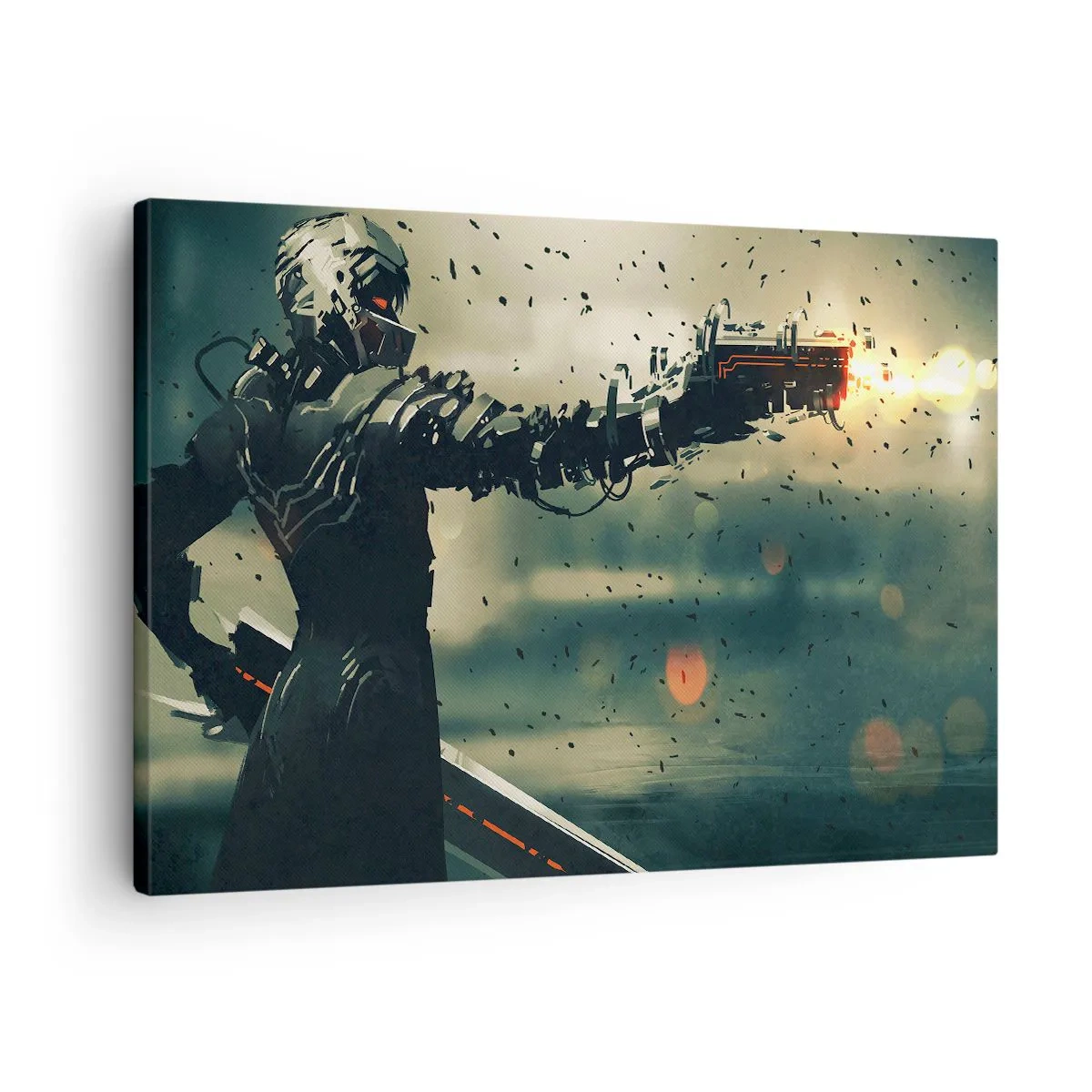 Obraz na plátně - Kybernetický bojovník s futuristickými zbraněmi - 70x50cm - Vražedná zbraň - tvůj vlastní terminátor - Moderní nástěnná dekorace do obývacího pokoje a ložnice ARTTOR