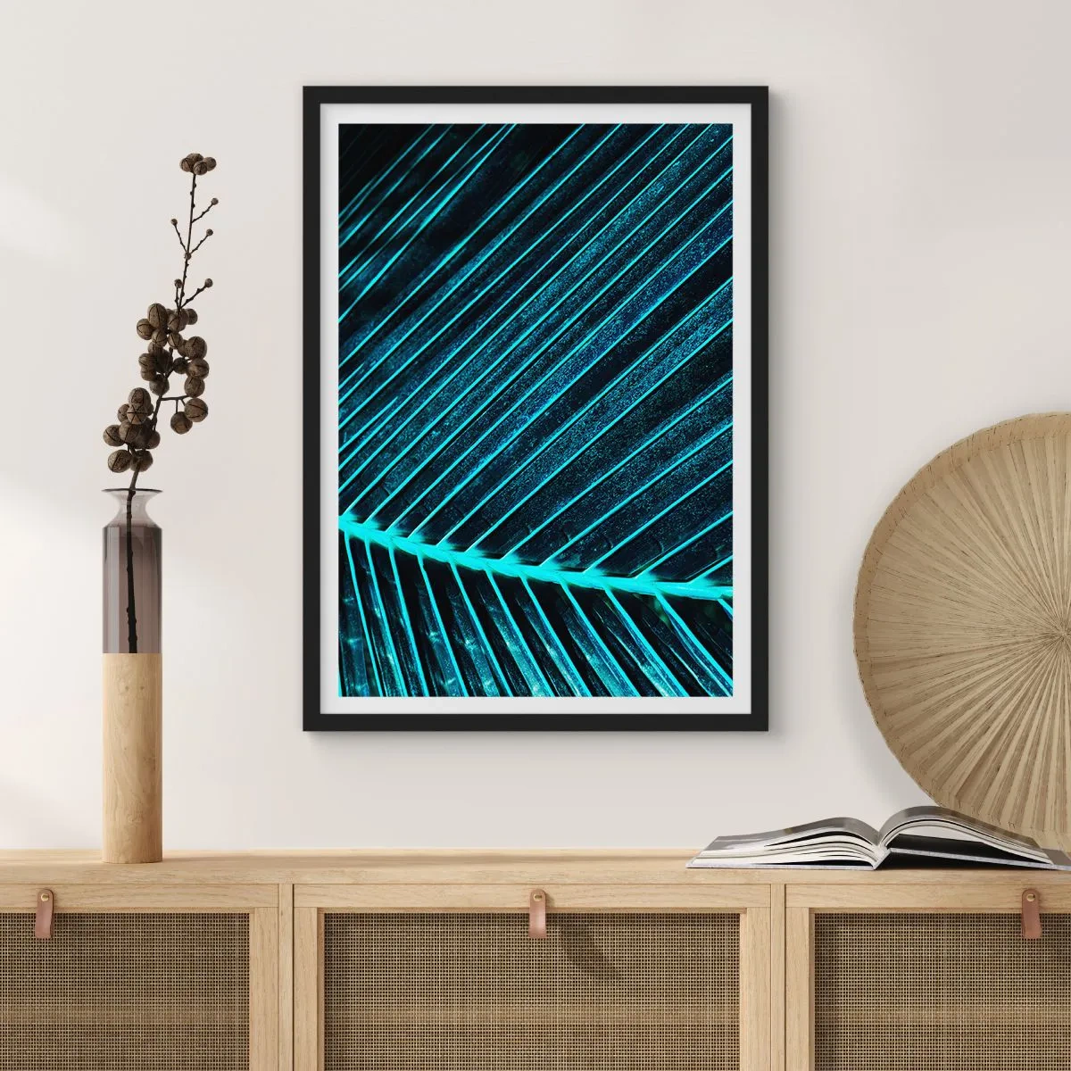 Plakát v černém rámu - Abstraktní struktura listu v neonových barvách - 50x70cm - Textura zeleně - Moderní nástěnná dekorace do obývacího pokoje a ložnice ARTTOR