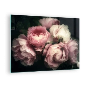 Obraz na skle - Kytice růžových růží v měkkém osvětlení s vintage nádechem - 70x50cm - Kouzlo belle epoque - Moderní nástěnná dekorace do obývacího pokoje a ložnice ARTTOR