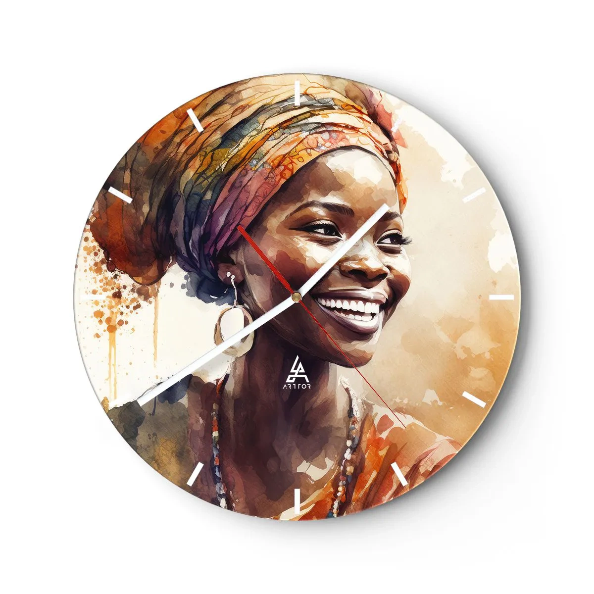 Nástěnné hodiny - Usmívající se žena v turbanu na pozadí akvarelových skvrn. - 30x30cm - Africká královna - Moderní nástěnná dekorace do obývacího pokoje, kuchyně a ložnice ARTTOR