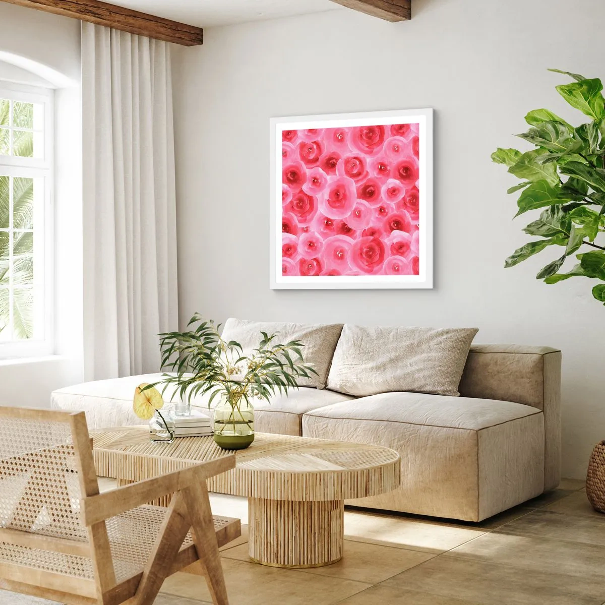 Plakát v bílém rámu - Růže dole i nahoře - 60x60 cm