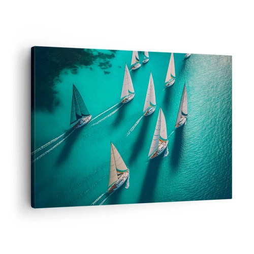 Obraz na plátně - Jachty na tyrkysové vodě v dynamickém pohybu - 70x50cm - Zápasení s větrem - Moderní nástěnná dekorace do obývacího pokoje a ložnice ARTTOR
