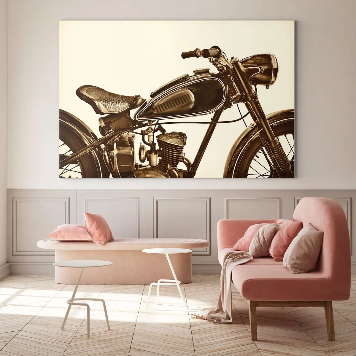 Obraz na skle - Stylový retro motocykl v sépiových tónech na světlém pozadí - 70x50cm - Stesk po klasice - Moderní nástěnná dekorace do obývacího pokoje a ložnice ARTTOR