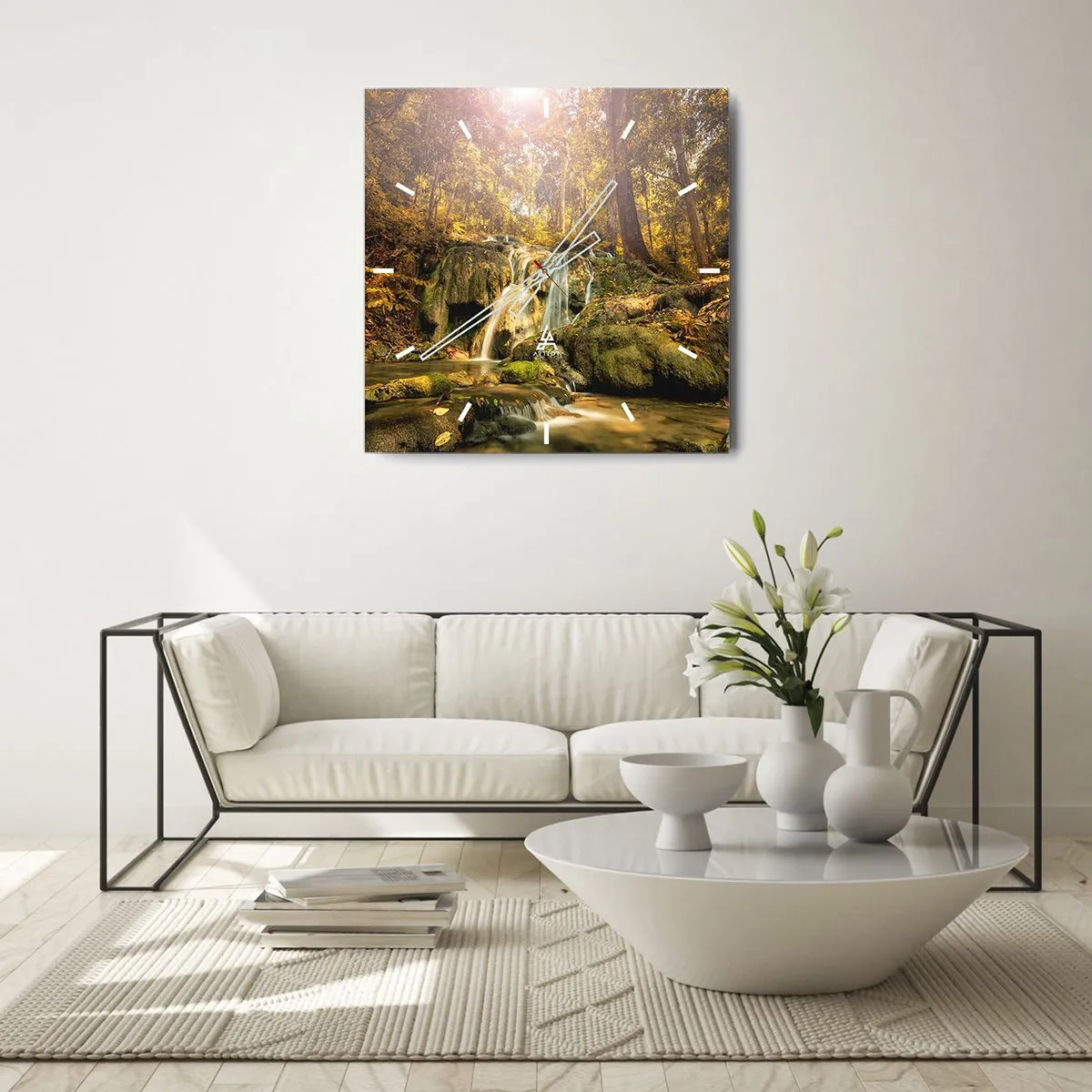 Nástěnné hodiny - Lesní vodopád v zelené - 40x40 cm