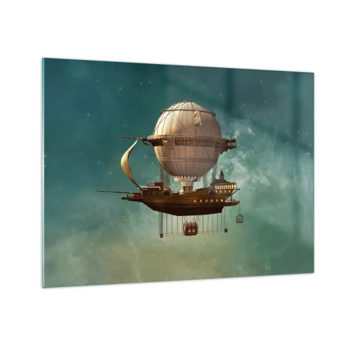 Obraz na skle - Létající vzducholoď s domem v retro stylu na obloze - 70x50cm - Julius Verne zdraví - Moderní nástěnná dekorace do obývacího pokoje a ložnice ARTTOR