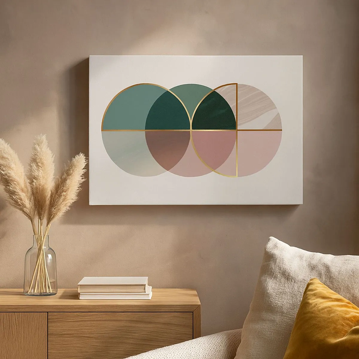 Obraz na plátně - Abstraktní kompozice geometrických tvarů a zlatých linií. - 70x50cm - Kruhy… - Moderní nástěnná dekorace do obývacího pokoje a ložnice ARTTOR