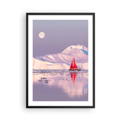 Plakát v černém rámu - Červená plachta na pozadí ledovců za úplňku - 50x70cm - Žár plachty, chlad ledu - Moderní nástěnná dekorace do obývacího pokoje a ložnice ARTTOR