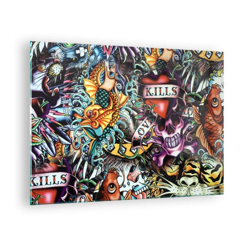 Obraz na skle - Barevná kompozice vzorů inspirovaných tetovacími uměními - 70x50cm - Sen tatéra - Moderní nástěnná dekorace do obývacího pokoje a ložnice ARTTOR