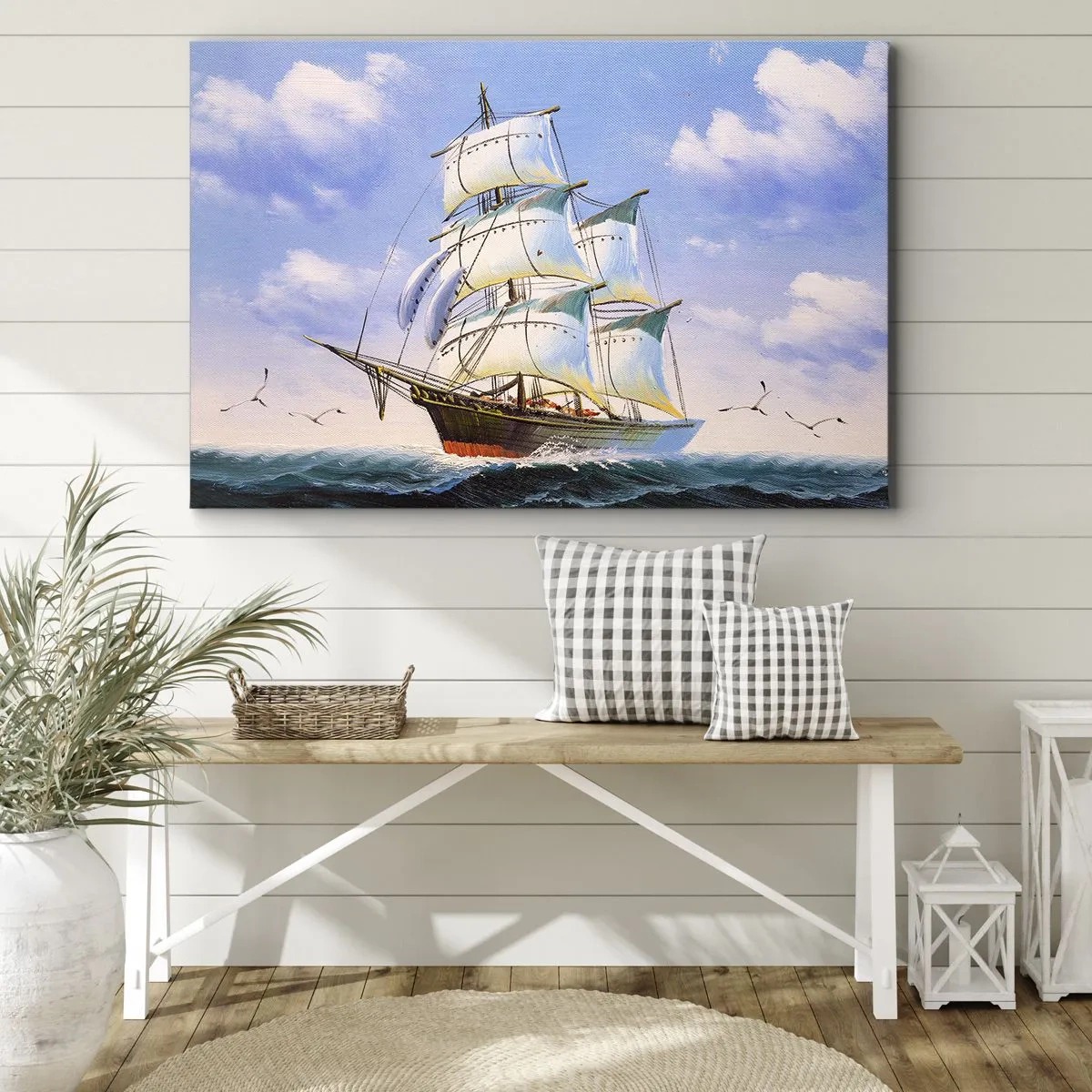 Obraz na plátně - Plachetnice na otevřeném moři pod modrou oblohou - 70x50cm - Hrdě s větrem - Moderní nástěnná dekorace do obývacího pokoje a ložnice ARTTOR