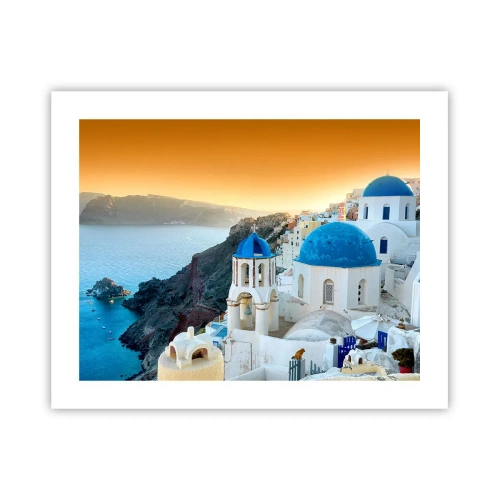 Plakát - Santorini - přitulené ke skalám - 50x40 cm