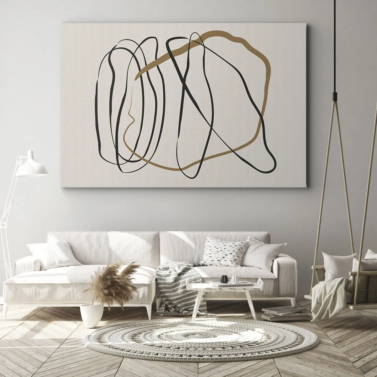 Obraz na plátně - Umělecké linie v černé a zlaté barvě na světlém pozadí - 70x50cm - Kompozice – tanec ve smyčce - Moderní nástěnná dekorace do obývacího pokoje a ložnice ARTTOR