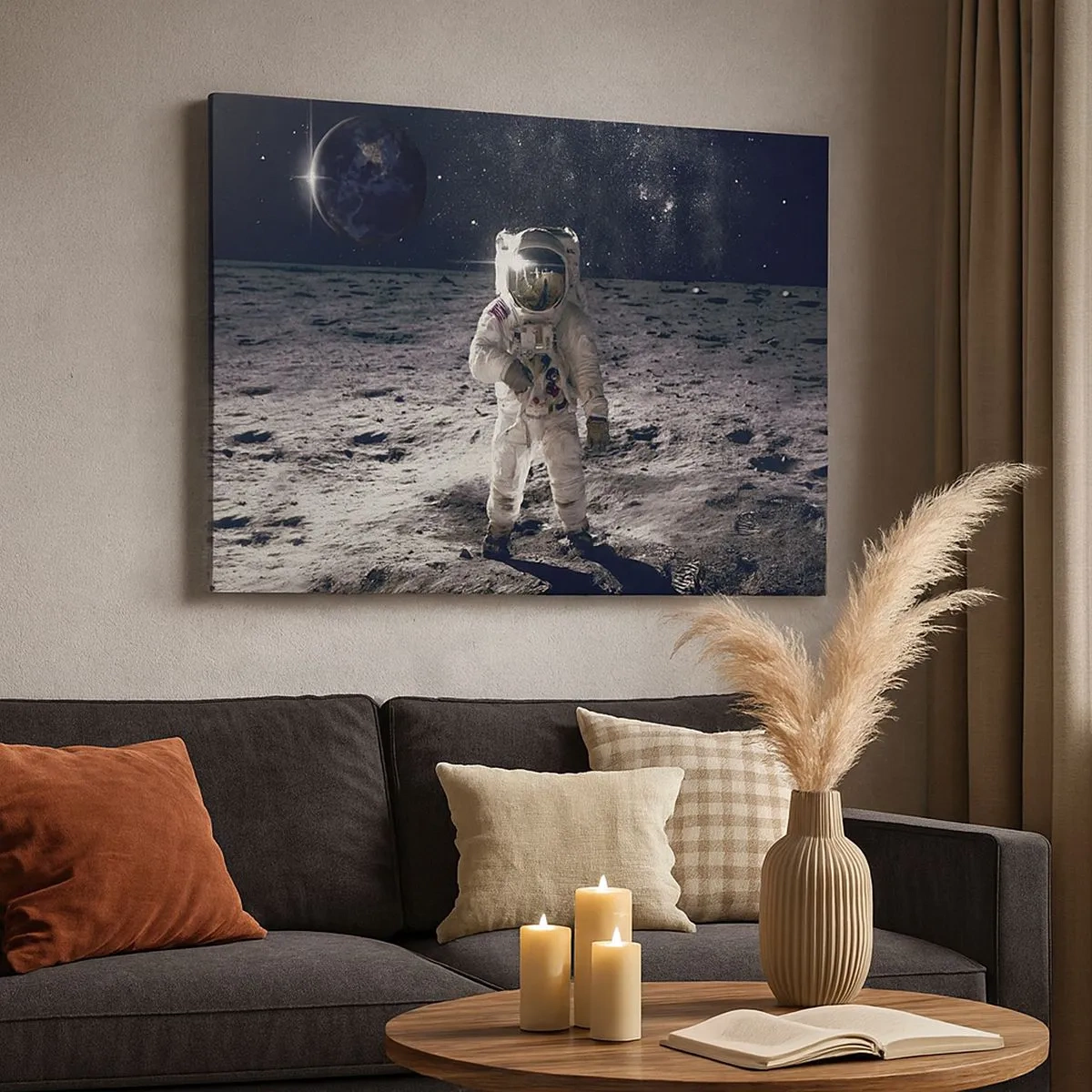 Obraz na plátně - Astronaut na povrchu Měsíce se Zemí v pozadí - 70x50cm - Pozdrav z Měsíce - Moderní nástěnná dekorace do obývacího pokoje a ložnice ARTTOR