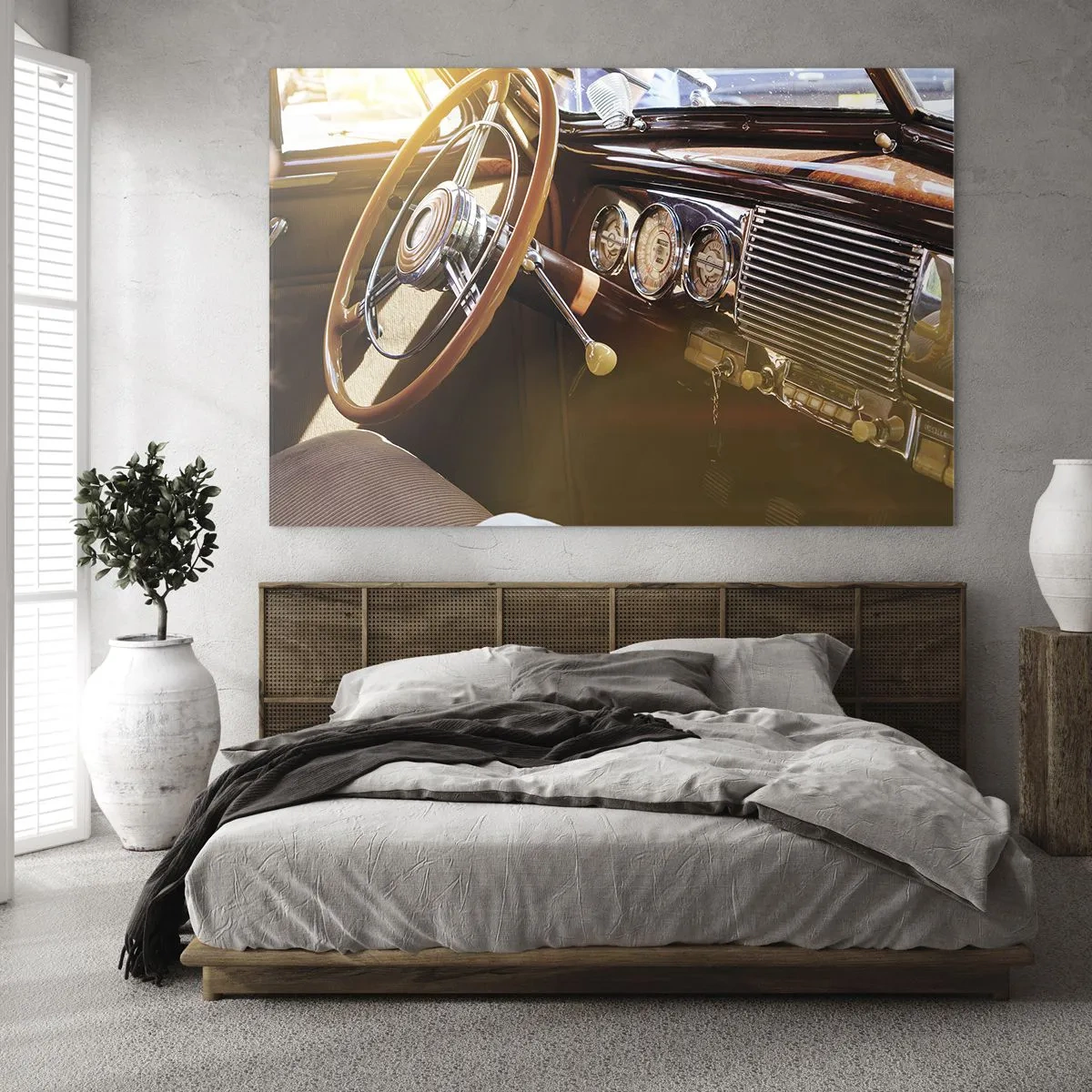 Obraz na skle - Interiér veterána s dřevěným volantem - 70x50cm - Závan luxusu z minulosti - Moderní nástěnná dekorace do obývacího pokoje a ložnice ARTTOR