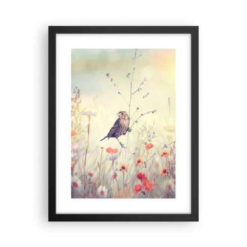 Plakát v černém rámu - Portrét ptáka s loukou v pozadí - 30x40 cm