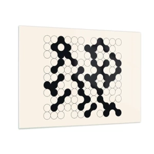 Obraz na skle - Černobílá grafická mozaika složená z propojených teček. - 70x50cm - Čínská hra – variace - Moderní nástěnná dekorace do obývacího pokoje a ložnice ARTTOR