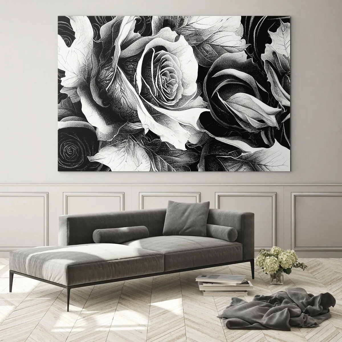 Obraz na skle - Černobílé aranžmá z růží s detaily - 70x50cm - Vždy královnou - Moderní nástěnná dekorace do obývacího pokoje a ložnice ARTTOR