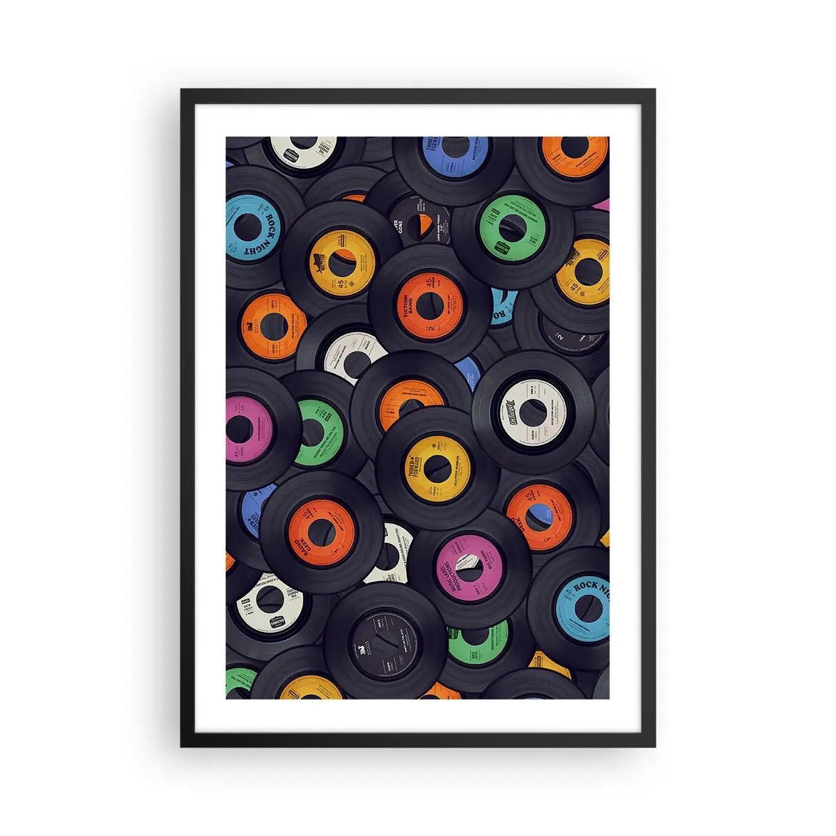Plakát v černém rámu - Sbírka barevných vinylových desek - 50x70cm - Barvy klasiky - Moderní nástěnná dekorace do obývacího pokoje a ložnice ARTTOR