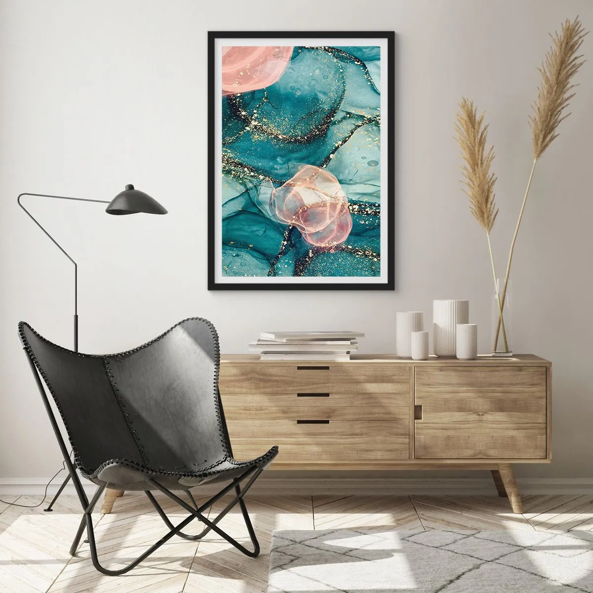 Plakát v černém rámu - Abstraktní kompozice v odstínech tyrkysové a zlaté. - 50x70cm - Modré hedvábí modré, růžový tyl - Moderní nástěnná dekorace do obývacího pokoje a ložnice ARTTOR