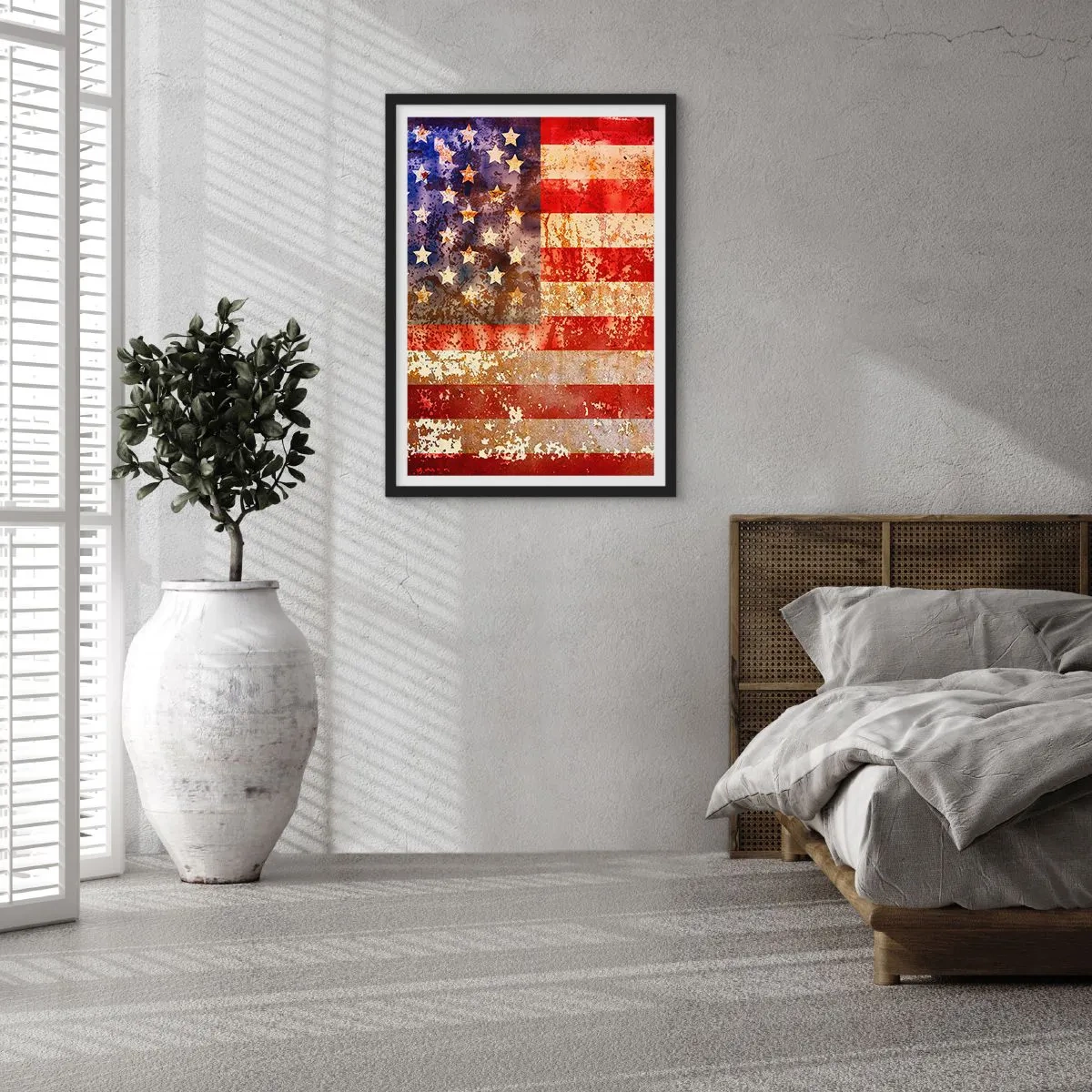 Plakát v černém rámu - Vintage vlajka USA s efektem stárnutí - 50x70cm - Chvála nepomíjí - Moderní nástěnná dekorace do obývacího pokoje a ložnice ARTTOR