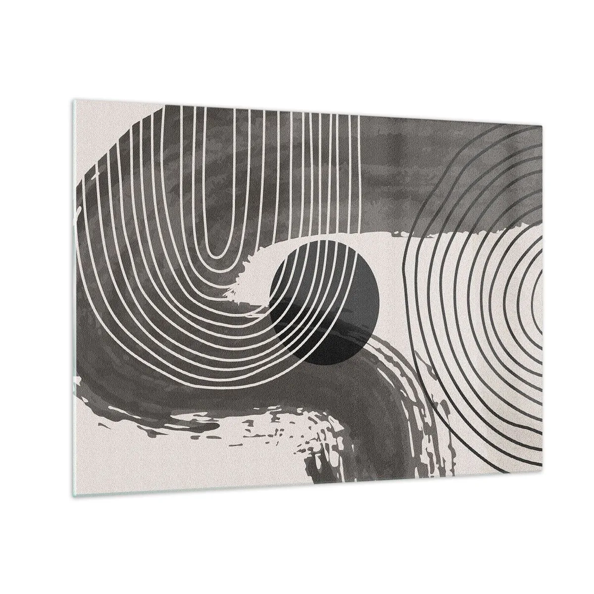 Obraz na skle - Moderní abstrakce s černobílými čarami a oválem - 70x50cm - Ovál vítězí - Moderní nástěnná dekorace do obývacího pokoje a ložnice ARTTOR