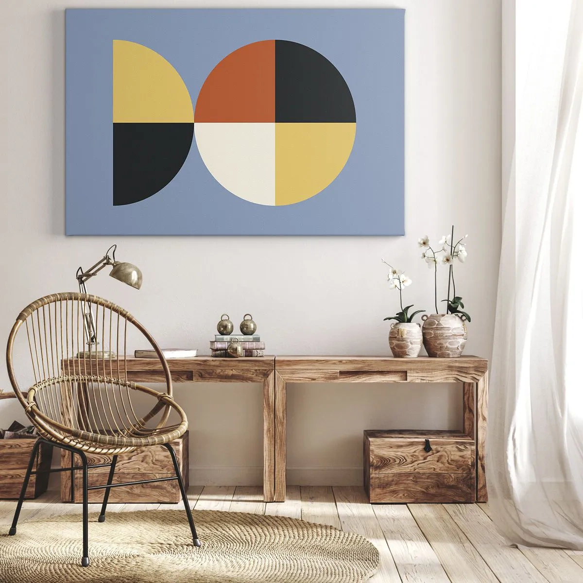 Obraz na plátně - Geometrické kruhy na modrém pozadí - 70x50cm - Koukej a počítej - Moderní nástěnná dekorace do obývacího pokoje a ložnice ARTTOR