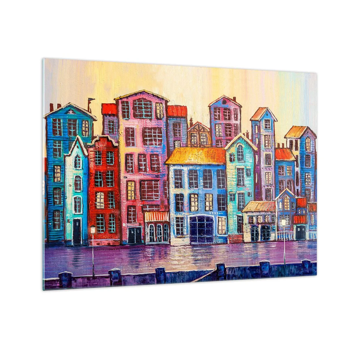 Obraz na skle - Barevné činžovní domy odrážející se ve vodě - 70x50cm - Město jako z pohádky - Moderní nástěnná dekorace do obývacího pokoje a ložnice ARTTOR