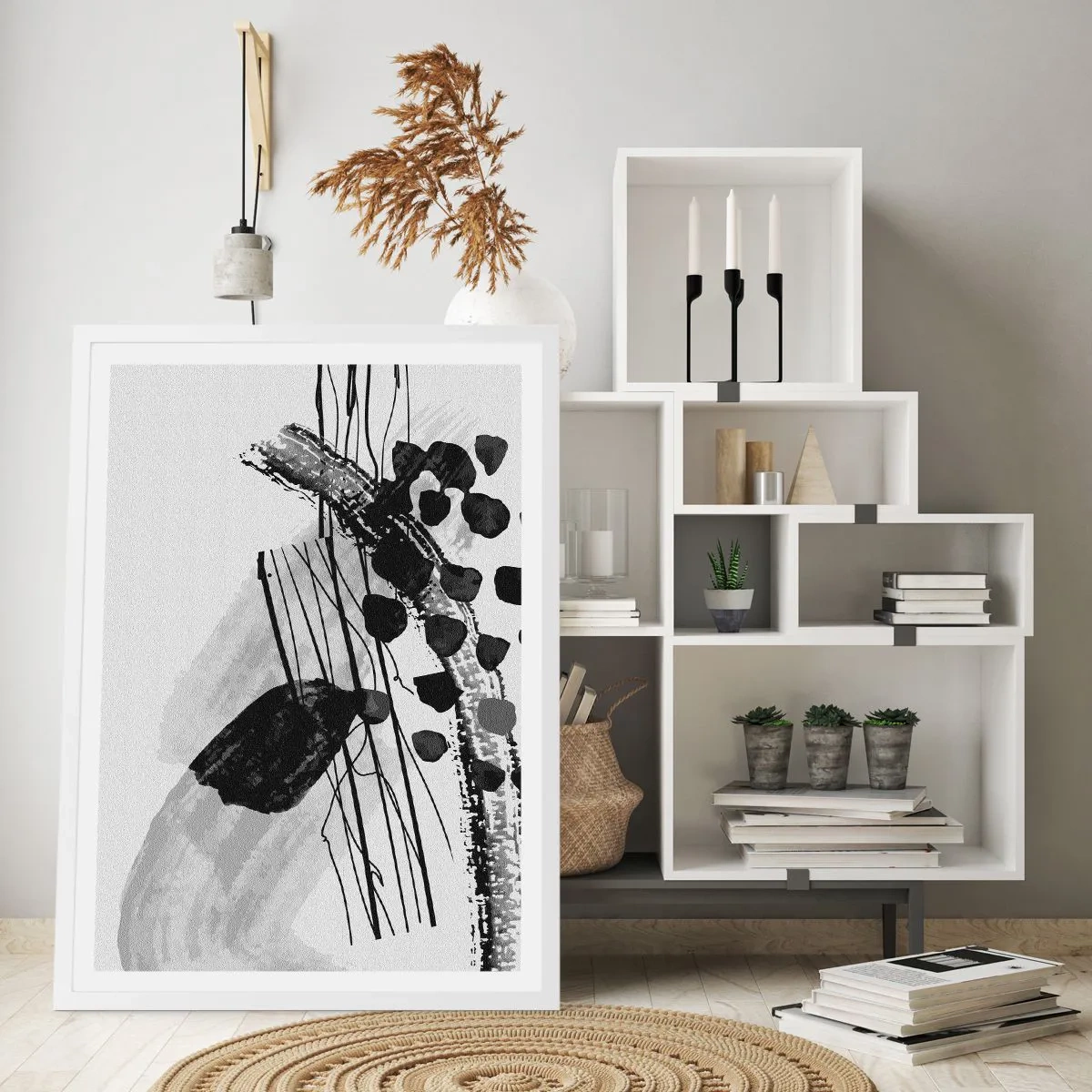 Plakát v bílém rámu - Černobílá organická abstrakce - 70x100 cm