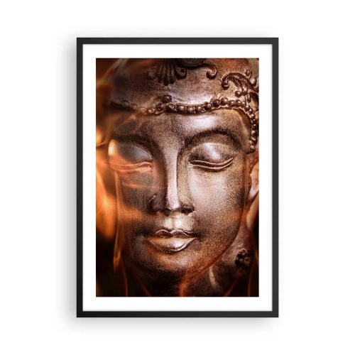 Plakát v černém rámu - Socha Buddhy zářící teplým světlem - 50x70cm - Existuje pouze zde a nyní - Moderní nástěnná dekorace do obývacího pokoje a ložnice ARTTOR