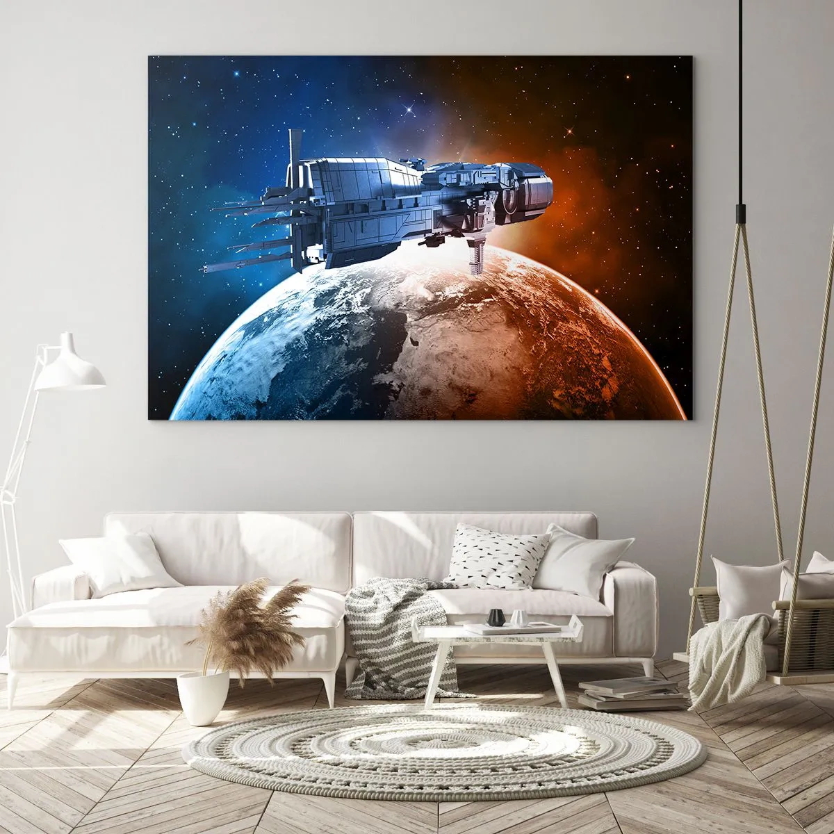 Obraz na skle - Kosmická loď obíhající kolem planety ve světle hvězd - 70x50cm - Pozorný pozorovatel - Moderní nástěnná dekorace do obývacího pokoje a ložnice ARTTOR