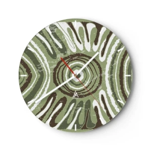 Nástěnné hodiny - Zelená a hnědá symetrická kompozice se soustřednými vzory - 30x30cm - Exploze emocí - Moderní nástěnná dekorace do obývacího pokoje, kuchyně a ložnice ARTTOR