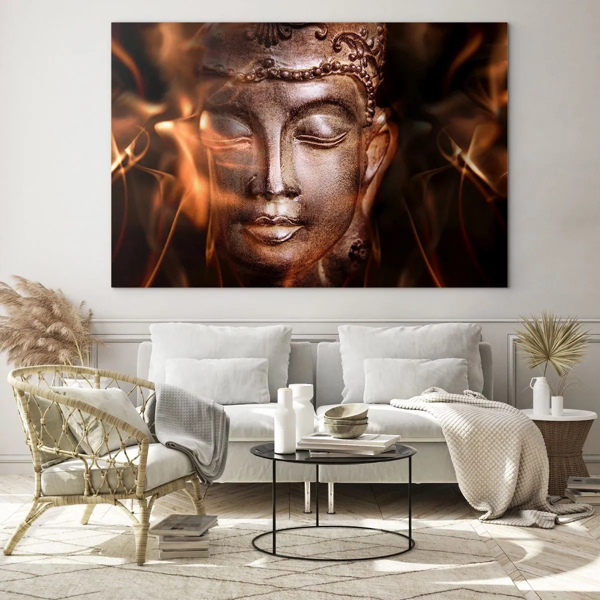 Obraz na skle - Mlhavá tvář Buddhy v teplých odstínech zlaté a hnědé - 70x50cm - Existuje pouze zde a nyní - Moderní nástěnná dekorace do obývacího pokoje a ložnice ARTTOR