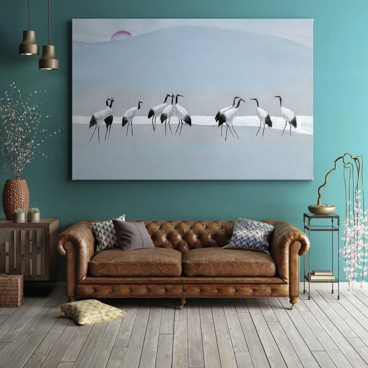 Obraz na plátně - Skupina jeřábů proti modré obloze a vycházejícímu slunci - 70x50cm - Po horkém dni - Moderní nástěnná dekorace do obývacího pokoje a ložnice ARTTOR
