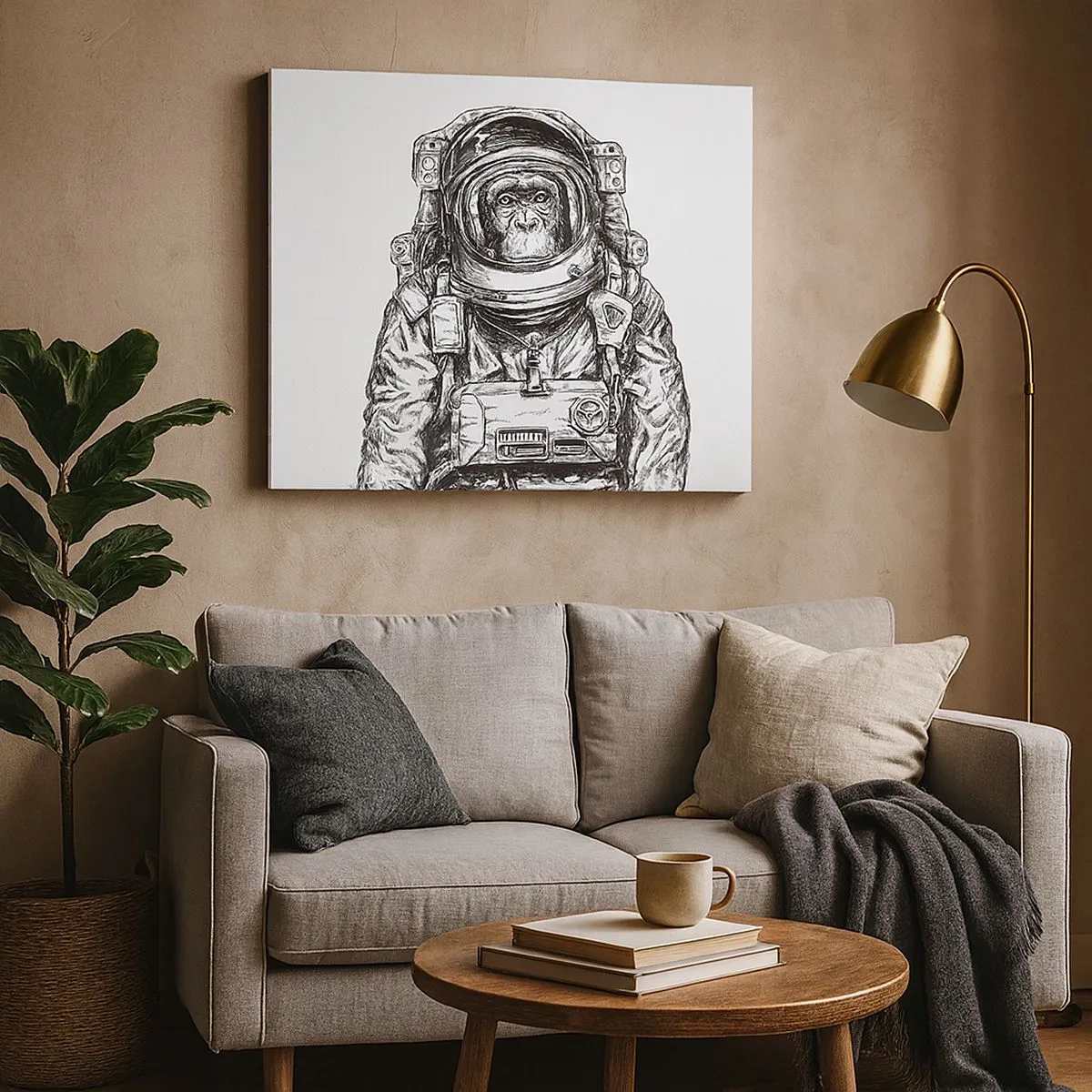 Obraz na plátně - Grafika astronauta ve skafandru s opičí hlavou - 70x50cm - Alternativní vývoj - Moderní nástěnná dekorace do obývacího pokoje a ložnice ARTTOR