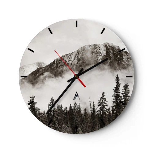 Nástěnné hodiny - Horská krajina s lesem v mlhavé atmosféře - 30x30cm - Žulový panovník - Moderní nástěnná dekorace do obývacího pokoje, kuchyně a ložnice ARTTOR