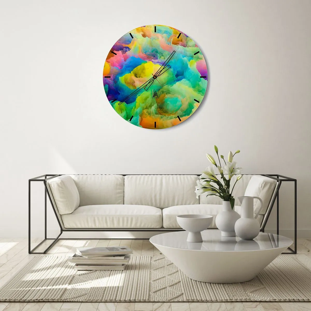 Nástěnné hodiny - Abstraktní, barevné mraky v jasných barvách - 30x30cm - Duhové chmýří - Moderní nástěnná dekorace do obývacího pokoje, kuchyně a ložnice ARTTOR
