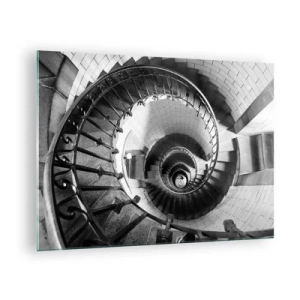Obraz na skle - Černobílá fotografie točitého schodiště v perspektivě - 70x50cm - Jen výš a výš - Moderní nástěnná dekorace do obývacího pokoje a ložnice ARTTOR