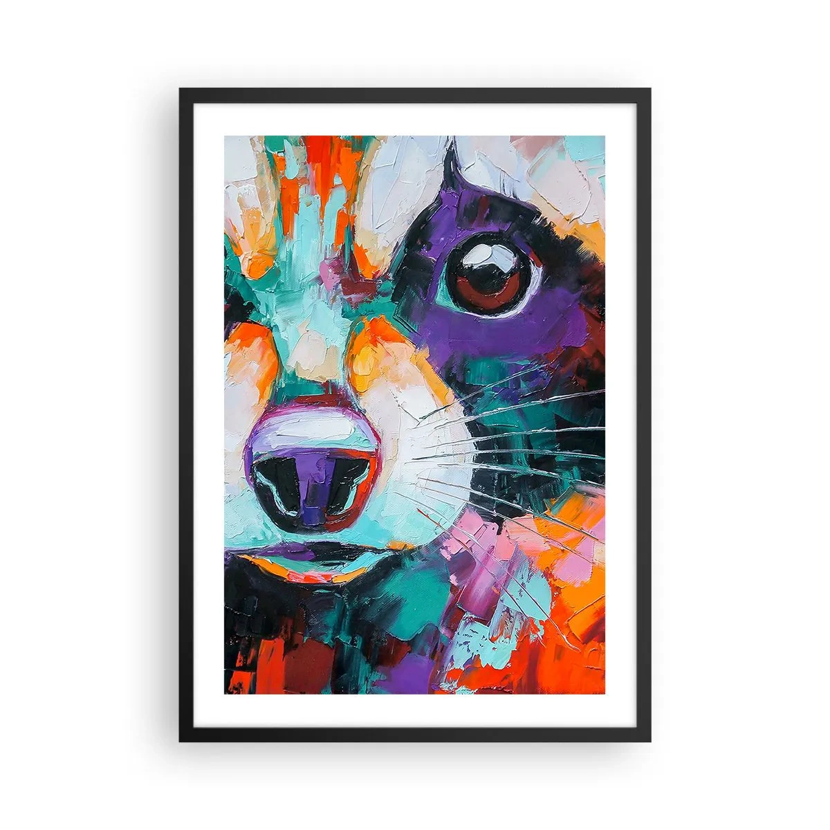 Plakát v černém rámu - Barevný abstraktní portrét zvířete s výrazným okem - 50x70cm - Pouze dobré emoce - Moderní nástěnná dekorace do obývacího pokoje a ložnice ARTTOR