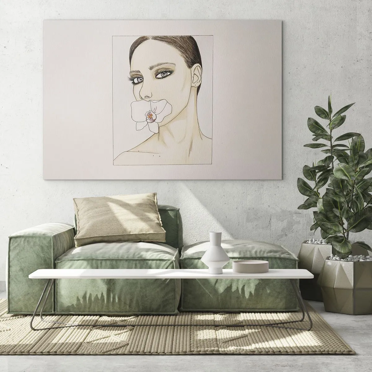 Obraz na skle - Portrét ženy s orchidejí v ústech na světlém pozadí - 70x50cm - Symbol elegance a krásy - Moderní nástěnná dekorace do obývacího pokoje a ložnice ARTTOR