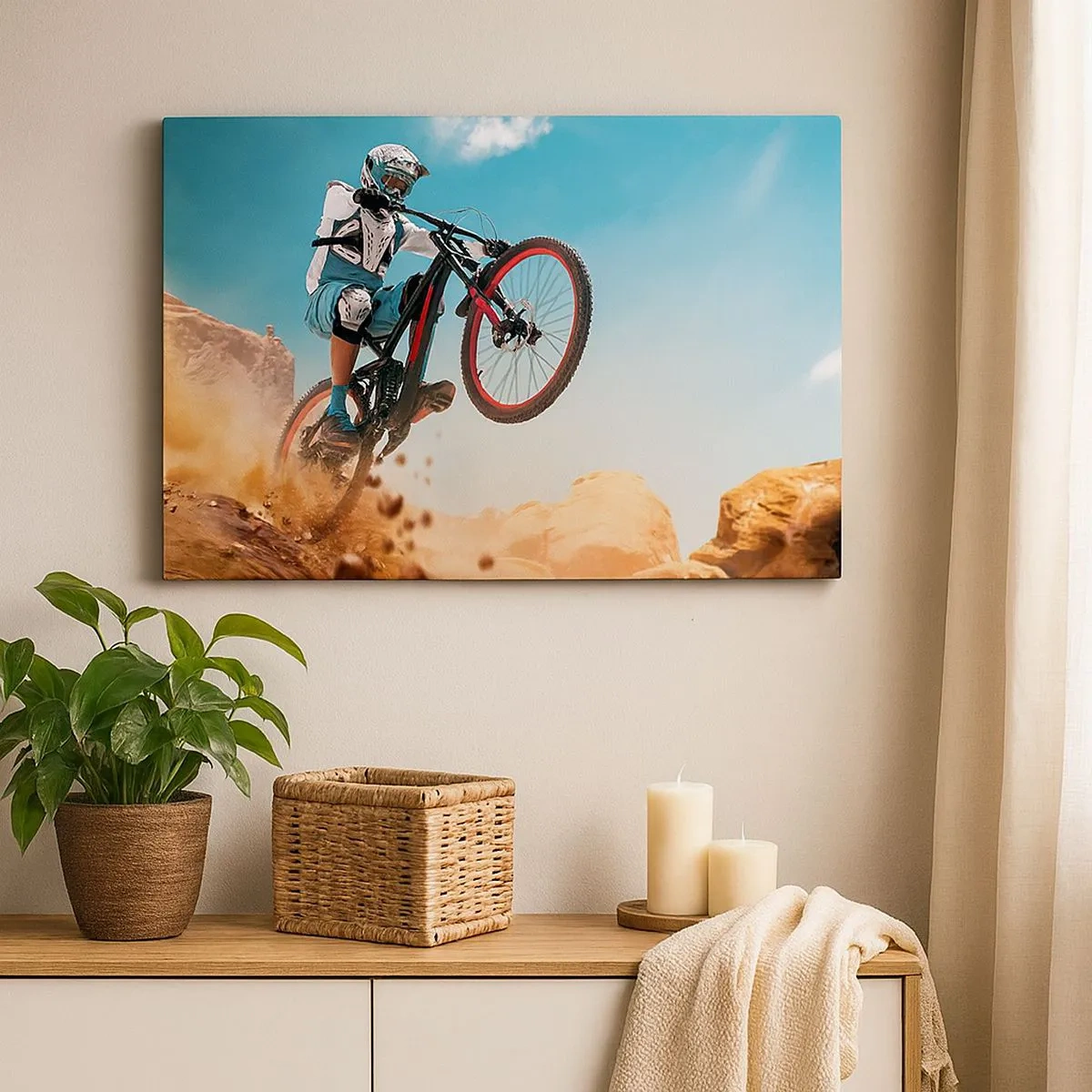 Obraz na plátně - Horský cyklista provádí skok na pozadí skal - 70x50cm - Cyklistický démon šílenství - Moderní nástěnná dekorace do obývacího pokoje a ložnice ARTTOR