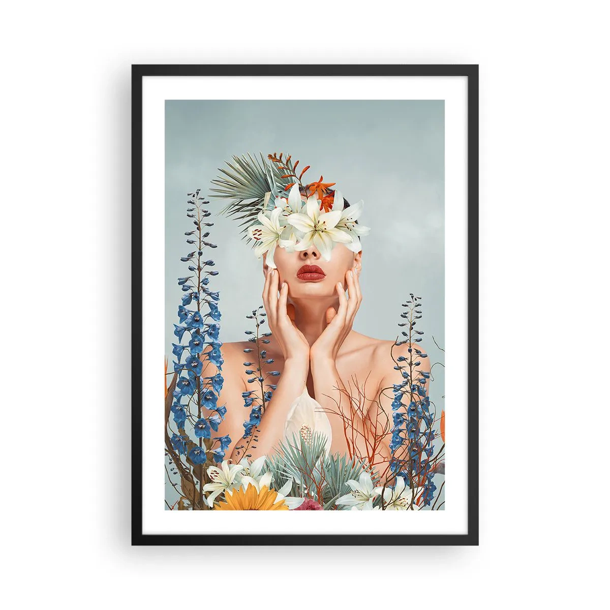 Plakát v černém rámu - Žena obklopená květinami v surrealistické kompozici - 50x70cm - Žena – květina - Moderní nástěnná dekorace do obývacího pokoje a ložnice ARTTOR