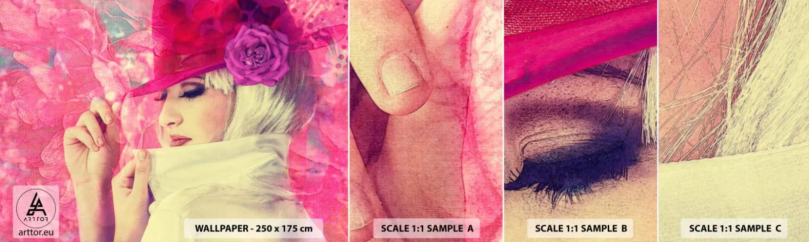 Vzor Fototapety Samolepicí Deluxe Sticker - Retro portrét v růžové mlze - žena V Klobouku, Květiny, Móda - 100x30 cm