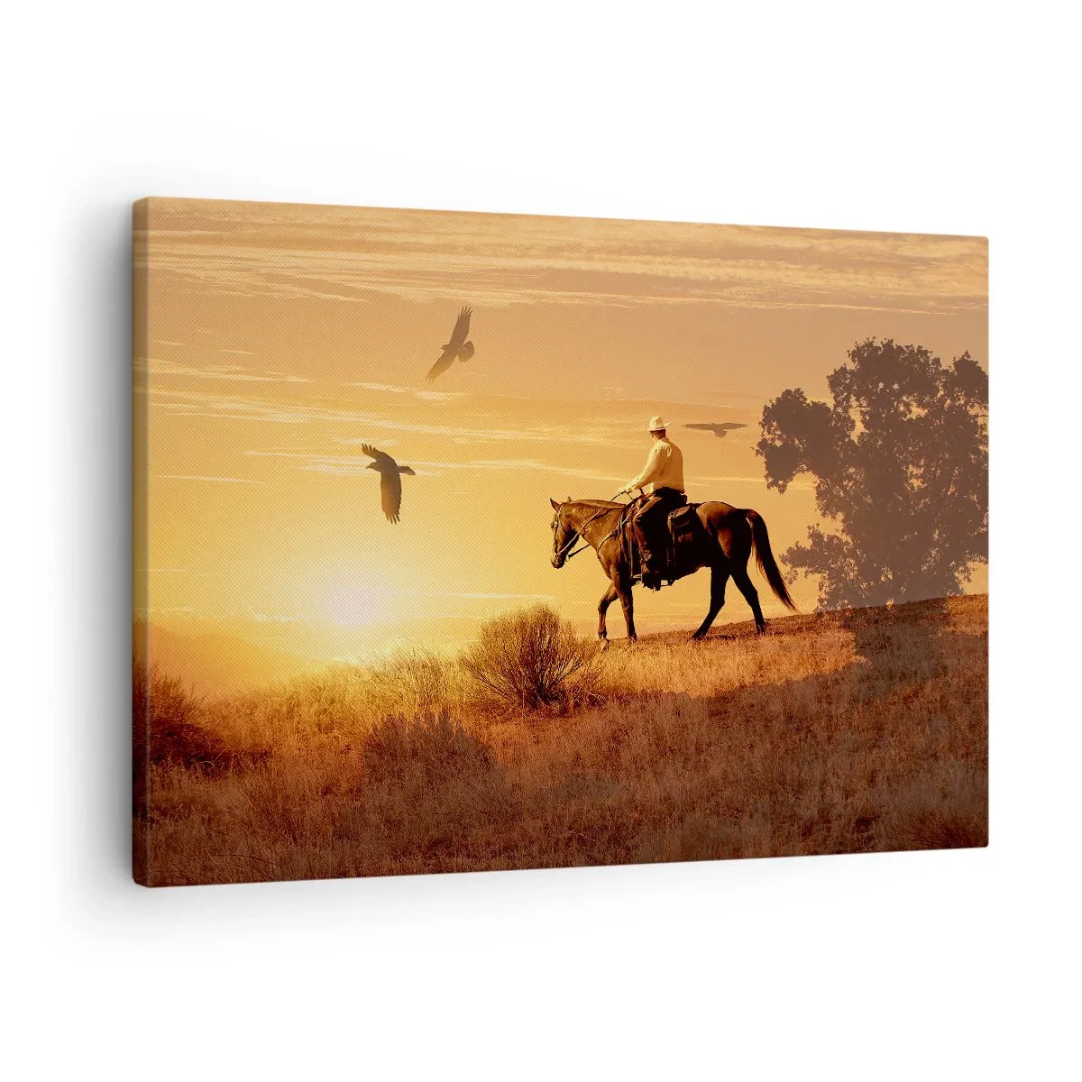 Obraz na plátně - Jezdec na koni při západu slunce proti prérii - 70x50cm - Sám prérií - Moderní nástěnná dekorace do obývacího pokoje a ložnice ARTTOR